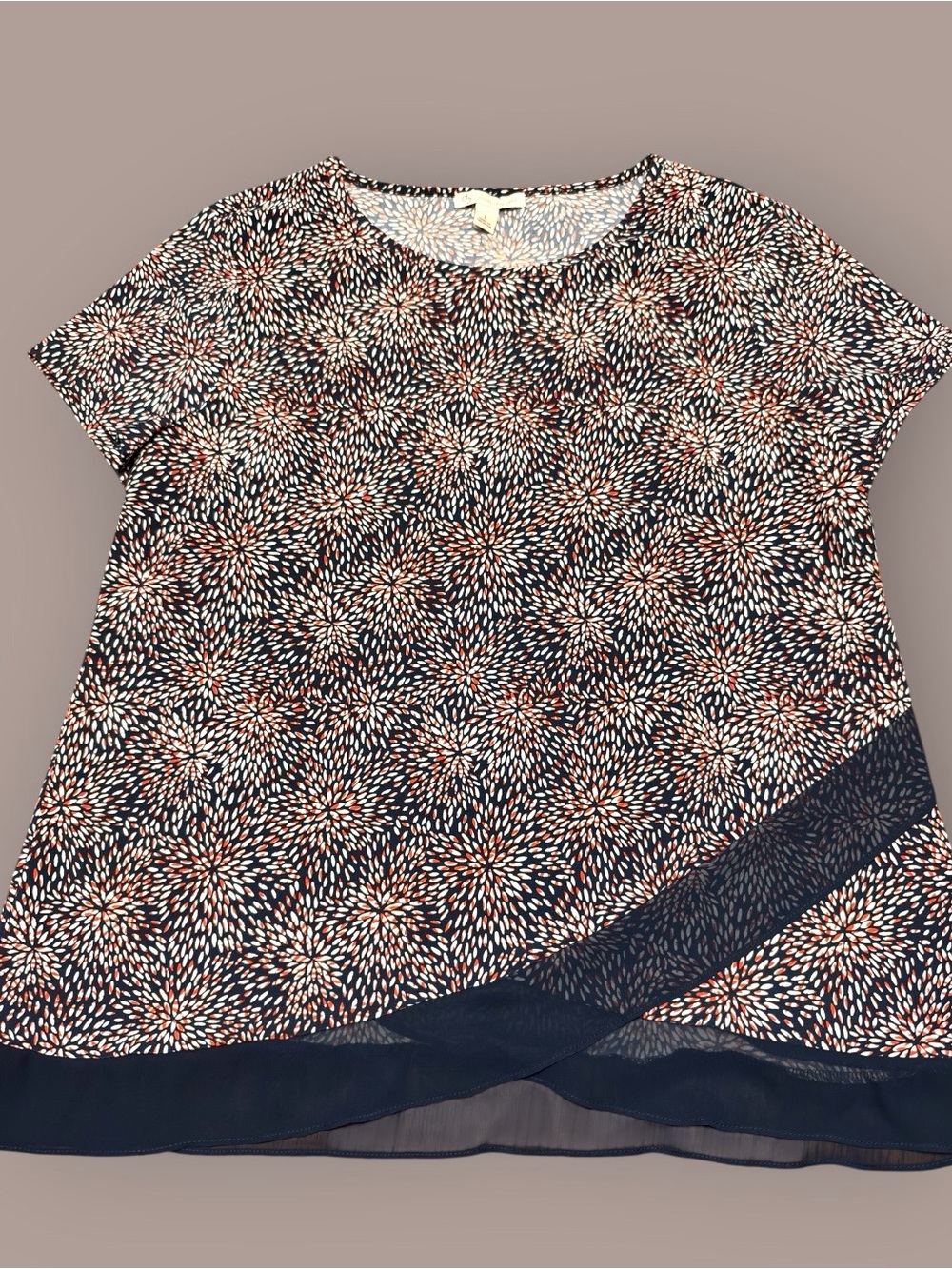 Christopher & Banks Navy Coral Burst Print Top L Chiffon Hem Stretch